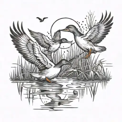 Black and white picture of ducks flying with deer under them in a swamp  tattoo design idea
