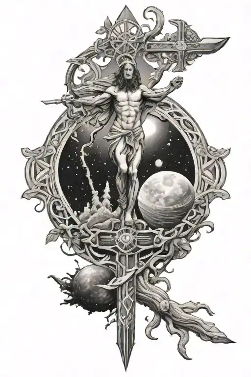 christ tattoo, sword, solar system, tree of life tattoo design idea