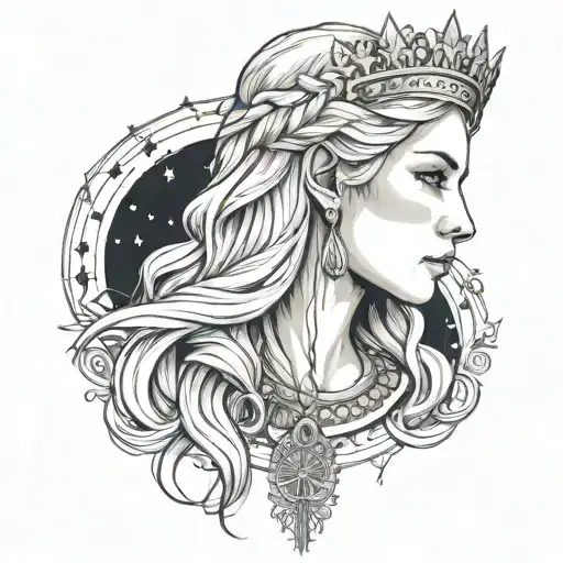 The tattoo centers Freyja with golden hair and her Brísingamen necklace, accompanied by Frigg with a crown of stars and tattoo design idea