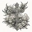 a cross with thorns and a background of clouds tattoo design idea