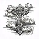 a cross with thorns and a background of clouds tattoo design idea