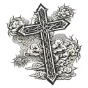 a cross with thorns and a background of clouds tattoo design idea
