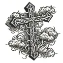 a cross with thorns and a background of clouds tattoo design idea