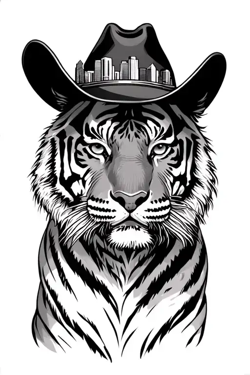 tiger wearing a cowboy hat with dallas skyline tattoo design idea