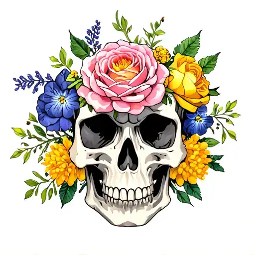 A skull made of mimosas, roses, violets, and peonies tattoo design idea