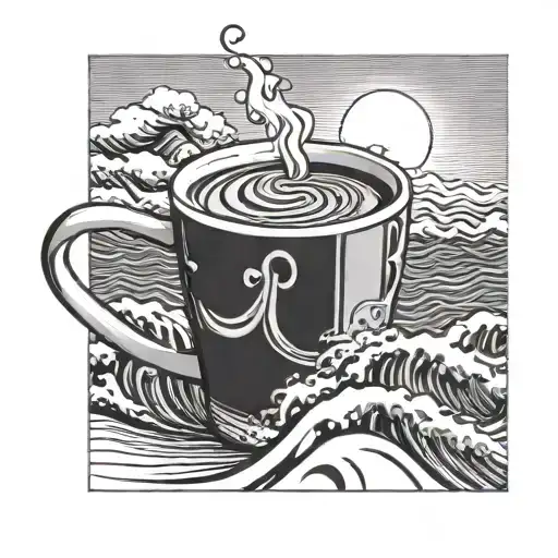 hot chocolate mug, beach, waves, sun setting tattoo design idea