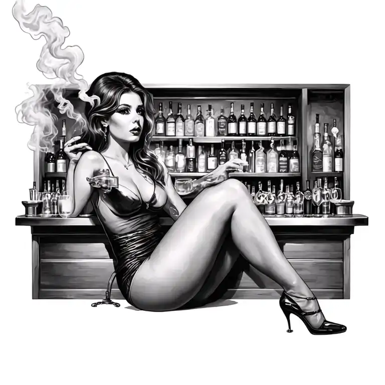 old bar sexy woman sitting alcohol smokes tattoo design idea