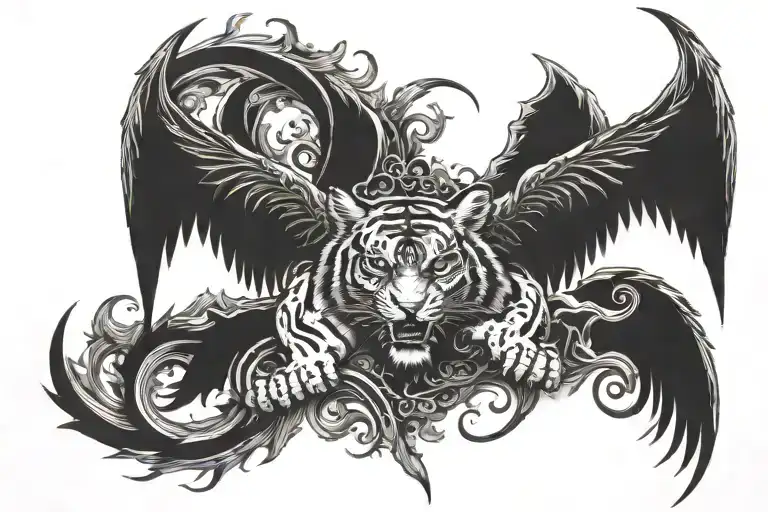 Half evil Devil wings with half arc angle wings spread wide tiger face in centre  tattoo design idea