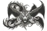 Half evil Devil wings with half arc angle wings spread wide tiger face in centre  tattoo design idea