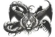 Half evil Devil wings with half arc angle wings spread wide tiger face in centre  tattoo design idea