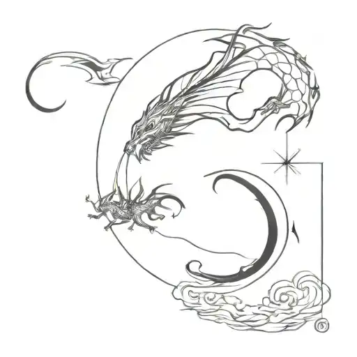 Different moon and dragon flying tattoo design idea