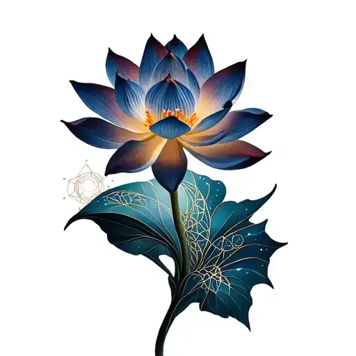 Lotus flower intertwined with sacred geometry and cosmic patterns tattoo design idea