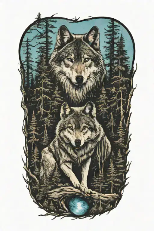 wolf blue eyes howling forest landscape tattoo design idea