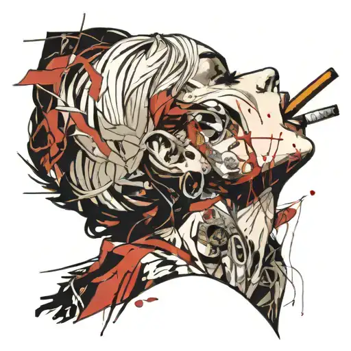 Sexy girl, Huge cleavage, petite, torn clothing, short white bob hairstyle, smoking a cigarette in mouth, side view tattoo design idea