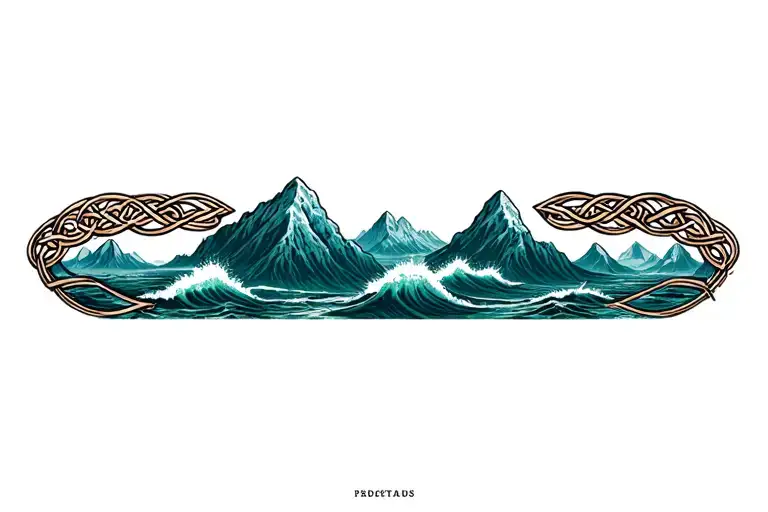 Celtic knot frame, mountains, crashing waves tattoo design idea