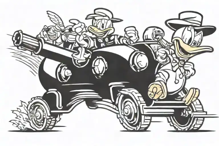 angry Donald Duck and tank going up stairway tattoo design idea