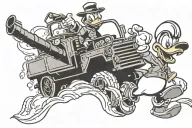 angry Donald Duck and tank going up stairway tattoo design idea