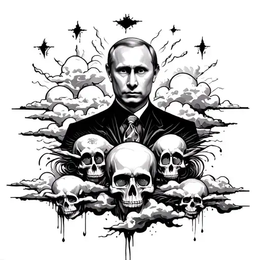 russian icon style Putin in theb clouds, full of eyes, tears, skulls tattoo design idea