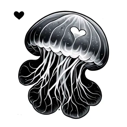 a moon jellyfish shown from above showing its four lobes with a heart as one of its four lobes. realistic not cartoony tattoo design idea