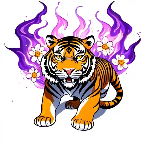 A tiger with purple fire emanating from its stripes, surrounded by blooming flowers and anime characters, showcasing your diverse interests tattoo design idea