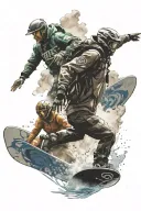 three persons, Snowboard Freestyle, surfing wave, Mountainbike Racing Mountains tattoo design idea