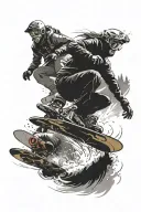 three persons, Snowboard Freestyle, surfing wave, Mountainbike Racing Mountains tattoo design idea