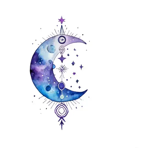 throat tattoo with moon, stars, and chakra symbols tattoo design idea