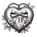 heart shaped locket with a bow and initial B and birth flowers November  tattoo design idea