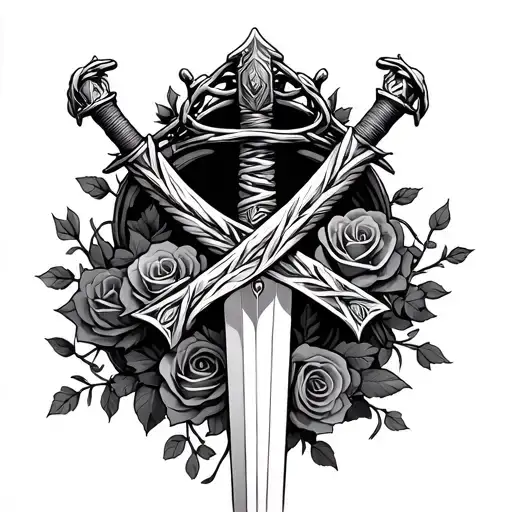 sword with jesus thorn crown wrapped around the top, rose and vines wrapped  tattoo design idea
