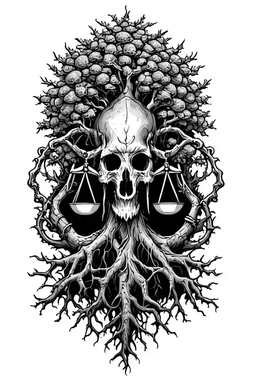 midevil tree of life with roots, libra scales, v-twin engine tattoo design idea