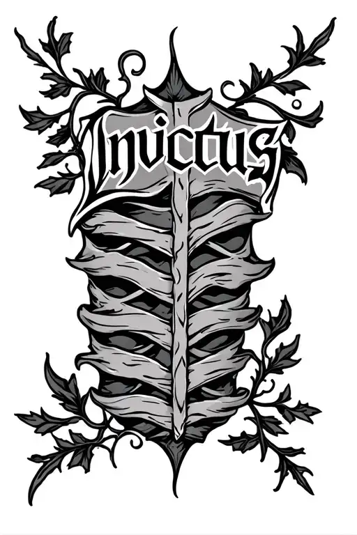 "Invictus" Vertical rib tattoo, word "Invictus" written vertically with a thin, delicate vine running beside it tattoo design idea