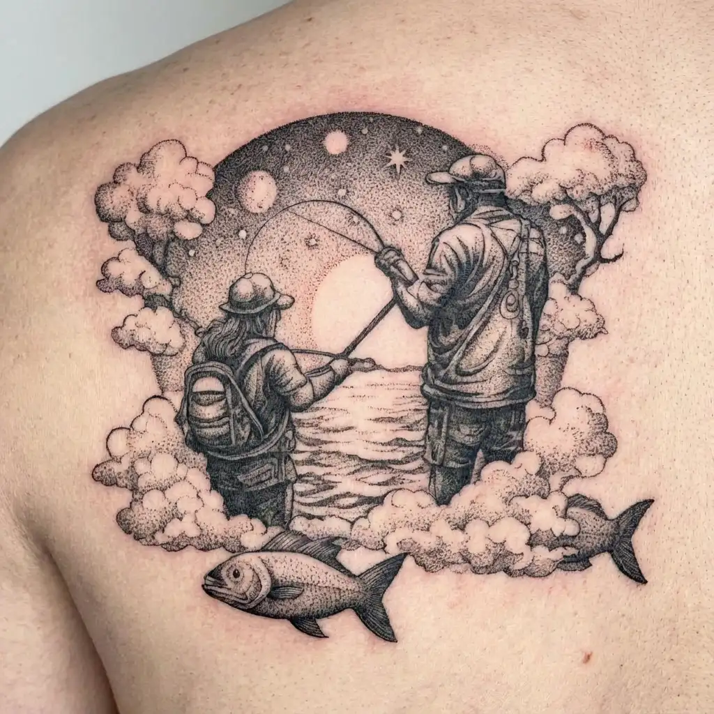 A father-daughter duo fishing together under a starry sky with angelic clouds above tattoo design idea