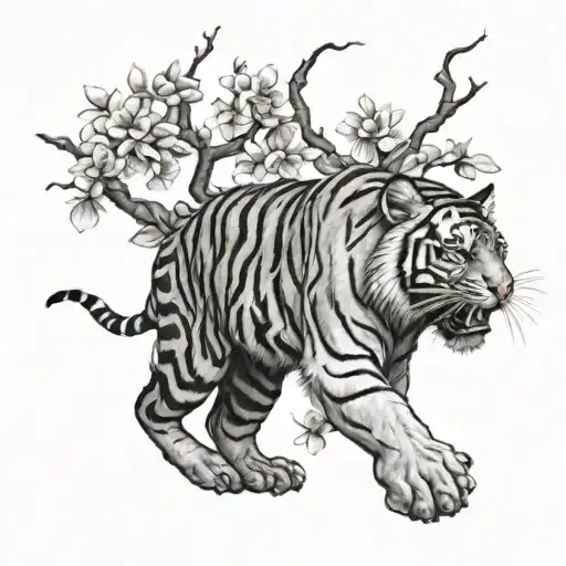 Tiger climbing blossom tree tattoo design idea
