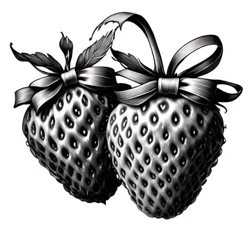 two fine line realistic strawberries connected with a bow  tattoo design idea