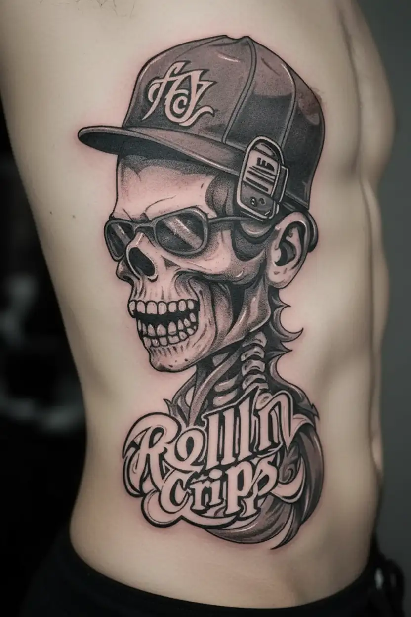 Blue tattoo with the gaffity name Rollin Crips tattoo design idea