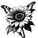 Black and gray sunflower with colorful butterfly tattoo design idea