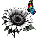 Black and gray sunflower with colorful butterfly tattoo design idea