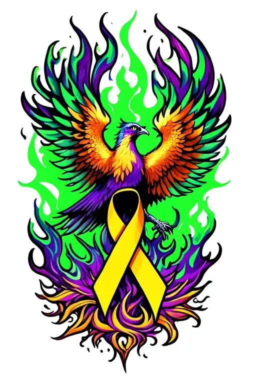 phoenix rising from ashes, green and purple flames, small yellow cancer ribbon, phoenix looking up tattoo design idea