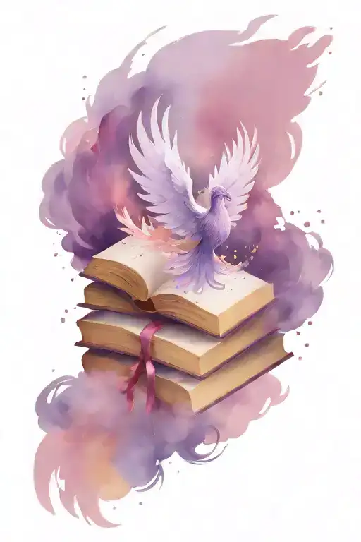 open book stack with purple phoenix rising from pages in an explosion of magic tattoo design idea