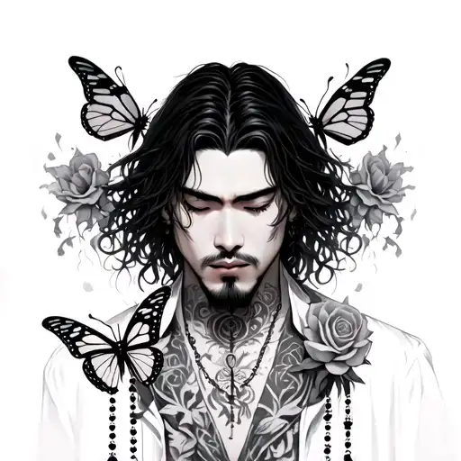 gothic Asian man with long hair, butterflies and rosary's  tattoo design idea