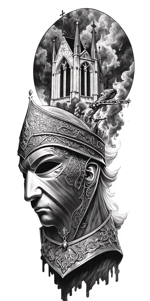 The mask of king baldwin iv jurusalem in the same picture as a burning church, with lots of details tattoo design idea