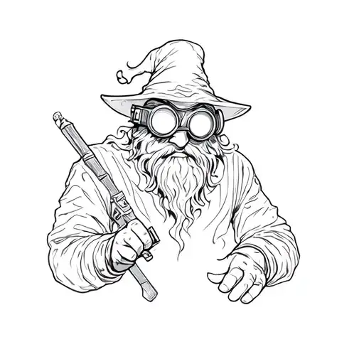 Wizard in welding goggles casting fire tattoo design idea