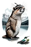 marmot and hummingbird in front of lake surrounded by mountains tattoo design idea