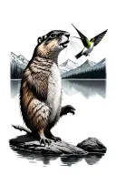 marmot and hummingbird in front of lake surrounded by mountains tattoo design idea