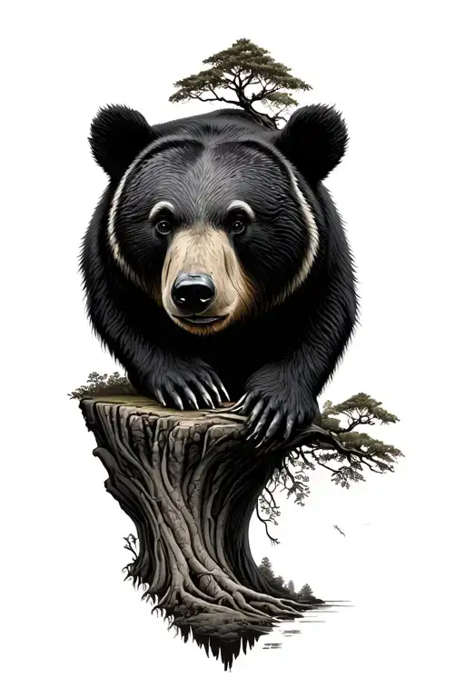 Fine linework shoulder tattoo of a soft yet strong black bear, bonsai on a cliff with roots exposed, Cape sparrow tattoo design idea