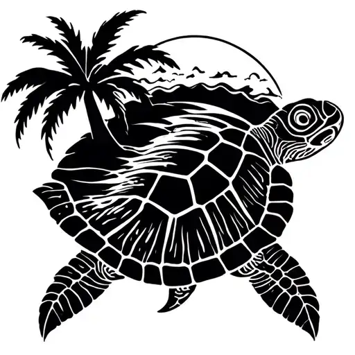 turtle, ocean wave, palm tree. thin line tattoo tattoo design idea