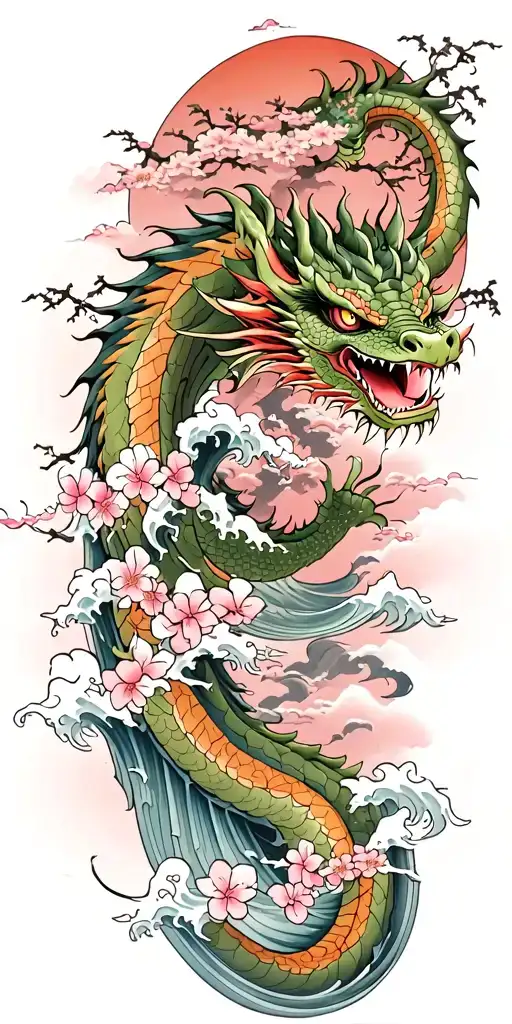 A fierce green dragon emerging from the ocean waves with cherry blossom trees in the background tattoo design idea