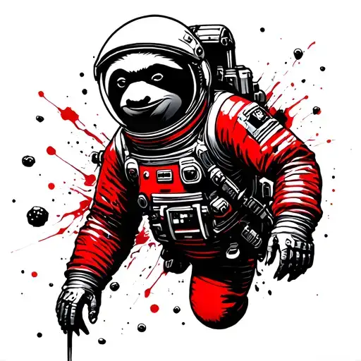 A space sloth astronaut floating through and asteroid belt  tattoo design idea
