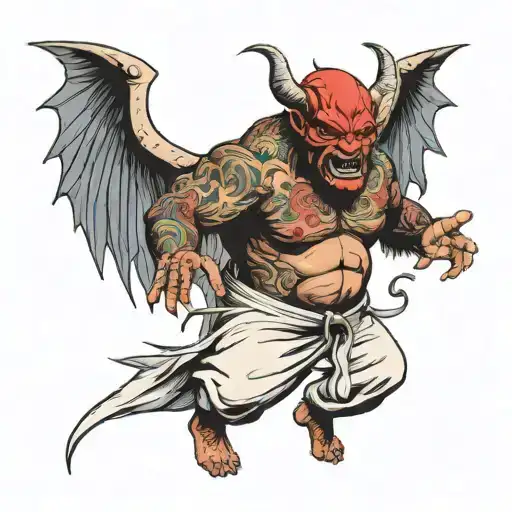 chef devil with muscular body with wings spread wide tattoo design idea