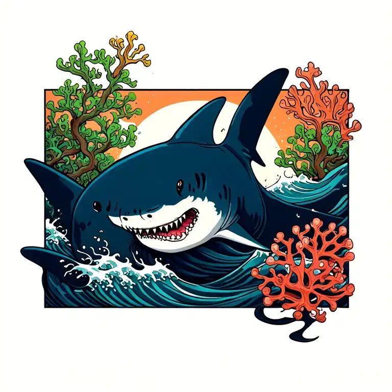 Shark, blue waves, green corals, simple, bold lines tattoo design idea